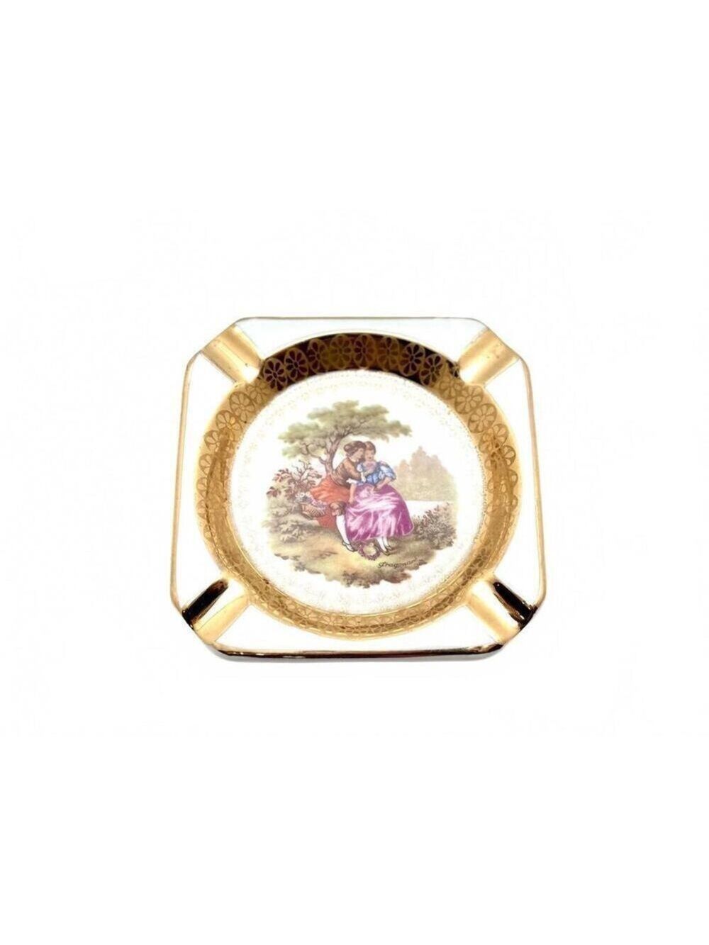 C.P. Limoges Porcelain Ashtray with Fragonard Romantic Scene, Gold Gilt, France